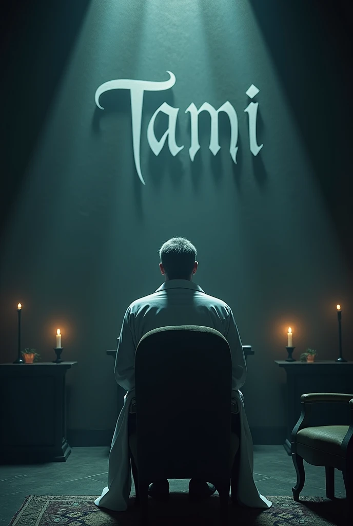 Make doctor whose name is tanim written Behind the wall of his chamber bigly and he is sitting on a chair seeing his patient and make the chamber black with lights.