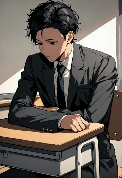 A Black Short Haired Man,With Void Black Eyes,Sitting On His Seat At School,Wearing A School Uniform,Sleeping On His Desk.