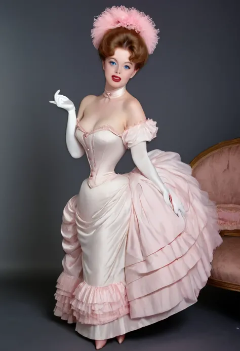 A sexy 12yo voluptuous ginger Gibson Girl sashaying alongt. Year 1900. 1900_dr3ss. (((Frilly sleeveless top))), sash cinched around her waist, wide-brimmed picture hat with pink feathers, bare shoulders with (((long pink opera gloves))), (((mid-length skir...