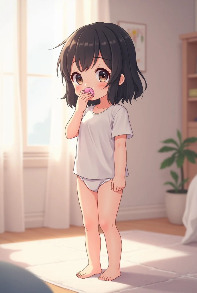 Anime girl with black hair. In a white top stands in the home room. Sucks on a pink pacifier. In a white diaper.