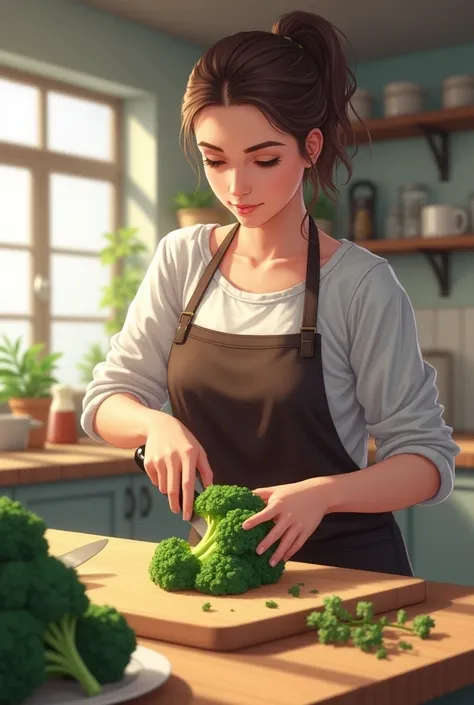 A woman cutting brocolli on a chopping board in kitchen focus on brocolli 