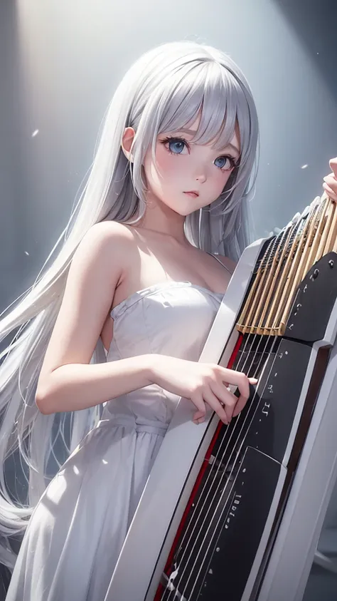 A girl is playing a white harp,Gray Hair,White costume,Long Hair, Her eyes are white too,It looks like a white mist,The background is white musical notes flowing