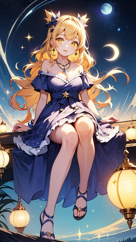 ((Best Quality)), ((masterpiece)), (detailed), One girl, (Large Breasts)Anime Style、Yellow hair color、((Baby Face)),((Dreamy, sparkling yellow eyes:1.3))、Fantastic Background、"Create an anime-style character sitting in a magical, glowing garden under a pas...