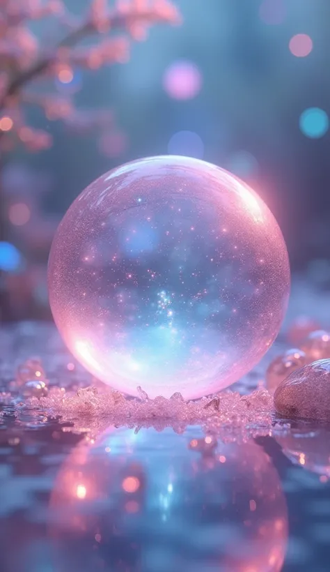 Create a bubble made of pink-blue crystal (hologram effect), glass material, soft glow, beautiful bright hologram background