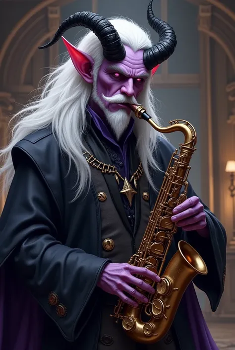 Male tiefling bard; long white hair, mustache and small white beard; black horns with reddish tips; playing saxophone;  dark tone noble clothes; lilac skin tone 