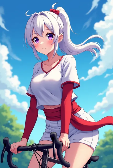 HD、Animation style、white hair 、Purple Eyes、girl、plump breasts 、High school student 、single ponytail、Baseball player、Light color short sleeve top、Long sleeve red underwear、Good shape、Thin、sash、Sky、cloud、sunny、Cycling、Navel exposed