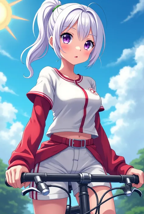 HD、Animation style、white hair 、Purple Eyes、girl、plump breasts 、High school student 、single ponytail、Baseball player、Light color short sleeve top、Long sleeve red underwear、Good shape、Thin、sash、Sky、cloud、sunny、Cycling、Navel exposed