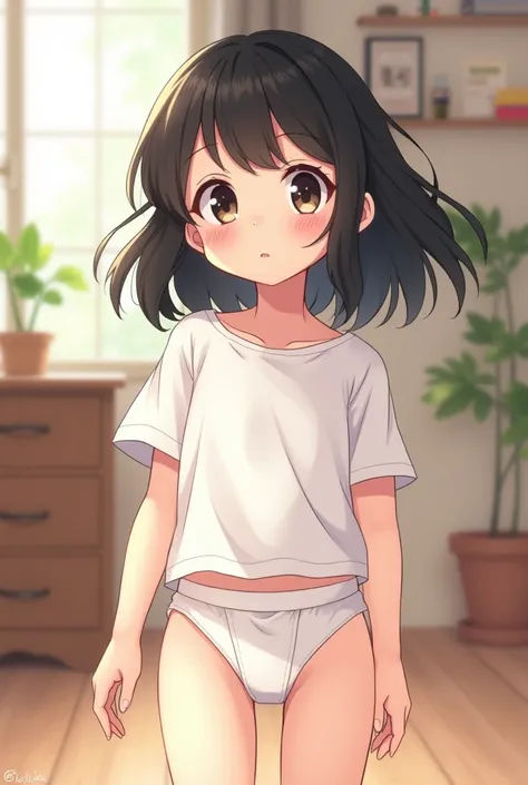 Anime girl  with black hair. In a white T-shirt and diaper, stands in the home room.