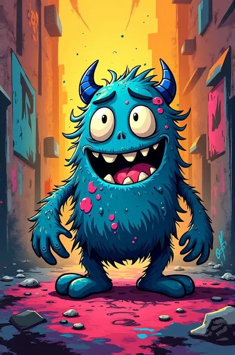 make me a character that looks like a doodle monster. PS: it shoukd look like a cartoon, with strong black outline and radiant colors, like graffiti