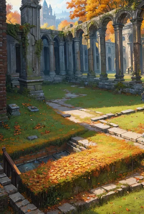 , Ruins in late autumn, high quality, Very detailed, figure, Impasto, canvas, oil, Fantasy,