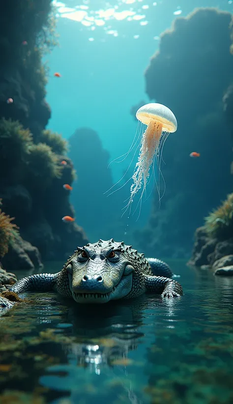 a crocodile and a jellyfish side by side in nature, highly detailed, 4k, photorealistic, natural environment, underwater scene, realistic water, vivid colors, dramatic lighting, intricate details, seamless composition, striking contrast, incredible depth o...