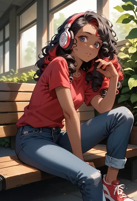 ((girl, dark skin, small breasts 0.9, (((Small body))), multicolored hair, black hair 0.7 red hair 0.3, curly hair, )) At school, corridor, sitting on the patio bench, pink shirt, shorts jeans, cellular, headphones. wallpaper. Friends (Beautiful woman, to ...