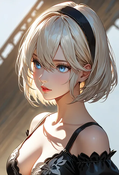 {(masterpiece,best quality, 16K portrait, UHD, extremely detailed the work, detailed beautiful face and eyes and skin and hair)} 
BREAK {(comic-illustration-image style)} 
BREAK {1 adult-woman,(2B of Nier-Automa:1.2), (pale-off-white colored hair:1.4, shor...