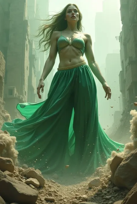 Giant woman wearing green satin elegant pants destroying everything