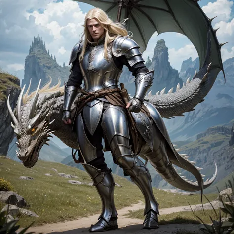 high resolution, elfo , man, blonde long hair, wearing full armor without a helmet, with a dragon of D&Behind him silver 