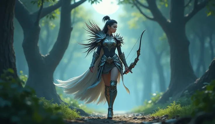 Pevita Pierce as (Miya hero mobile legend) walking quietly among the trees. His armor and bow glittered in the moonlight. realistic, Ultra HD, high resolution, masterpiece, <xml><input>cinematic