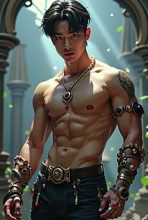 K-pop idol, male, Korean, shirtless, jewelry, dnd style, black hair
