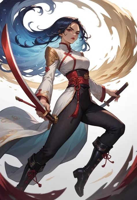 A young adult asian woman holding one light sword, no much skin, beautiful delicate face,lipstick, serious expression,longer hair, red and white asian floating clothes with golden details, not so tight black pants, black boots with no heels, more golden ac...