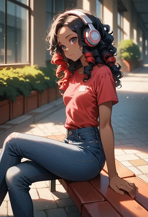 1 girl and 1 woman, ((girl, dark skin, small breasts 0.9, (((Small body))), multicolored hair, black hair 0.7 red hair 0.3, curly hair, )) At school, corridor, sitting on the patio bench, pink shirt, shorts jeans, cellular, headphones. wallpaper. Friends (...