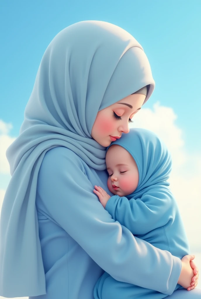 Little 3 months baby girl in blue sky  Hijab on mother laps