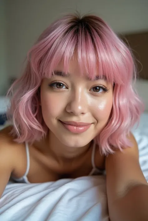 Crée une nouvelle femme à partir de cette image elle a 20 ans elle a des origine hispanique et aussi chinois sa peau est mate elle est belle naturelle est naturel  Elle a une coupe de cheveux carré court avec une frange épaisse rose pastel elle a des sourc...