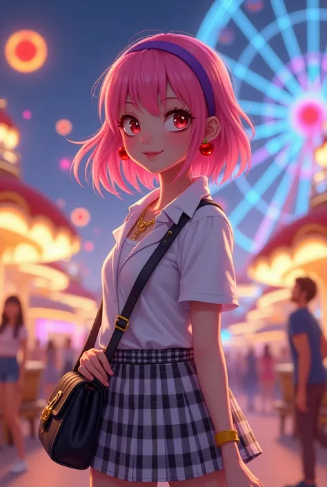 Cute girl white shoes red eyes pink hairs check white and black skirt white shirt red lips smiling black purse pink watch red apple earrings purple hair band golden necklace yellow bracelet in amusement park at night lights in Paris wheel and lights in oth...