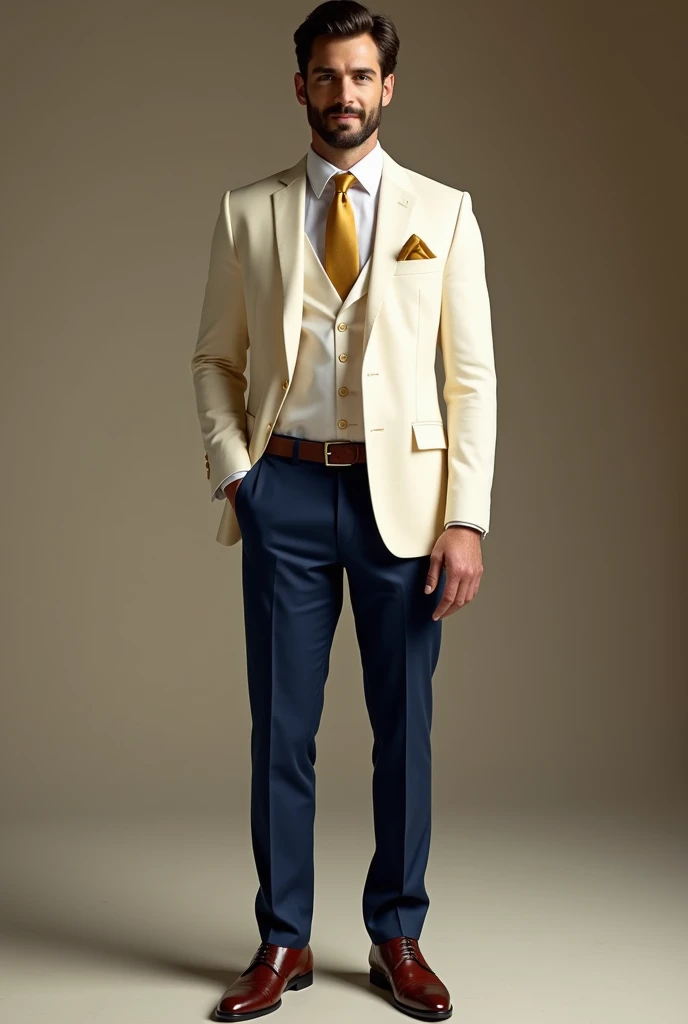 A stunning cream wedding suits with blue pants brown shoes and gold tie