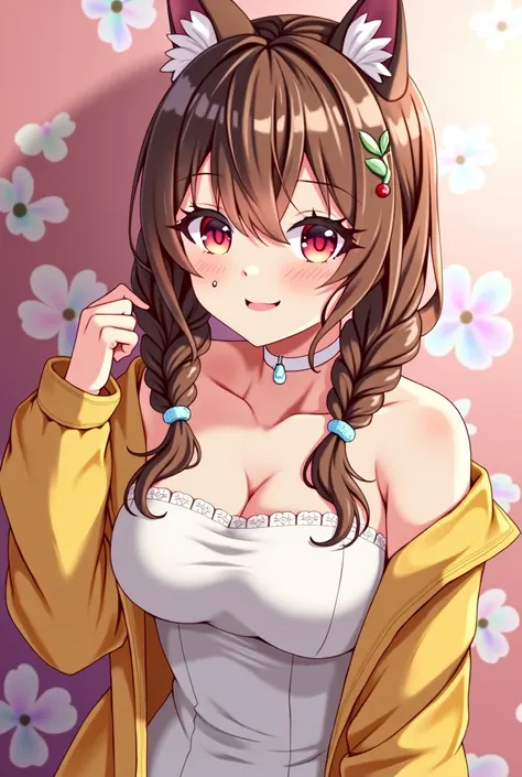 1girl,inugami korone,holo live,brown hair,twin braid,red eyes,dog ears,closed mouth,hair ornament,hair on shoulder,medium breasts,open yellow jacket,white dress,smile,tareme, world masterpiece, whole body, breast squeeze, sweatdrop, neat figure, young,nsfw...