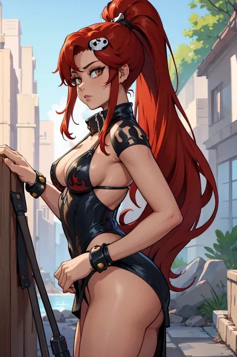 Masterpiece, best quality, intricate details, Yoko Littner (Gurren Lagan), sexy female with red hair, knitting needles in hair, hair pulled back into a ponytail, skull hair clip