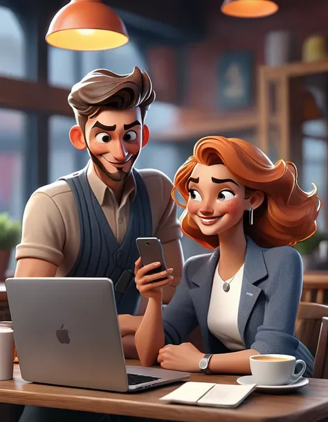 Depict a young couple in a café, happily discussing startup ideas using their smartphones and a laptop. Their expressions are filled with joy and confidence.

The background features the relaxed atmosphere of the café and symbols like a Wi-Fi icon, represe...