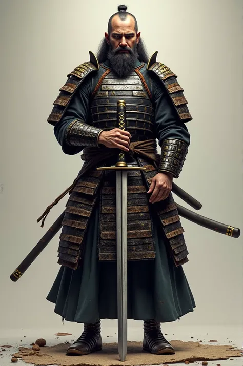 A samurai in armor holding his sheathed sword in realistic style