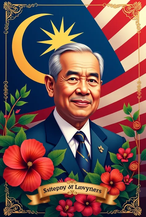 Malaysia independence poster，With the flag of Malaysia，Malaysia&#39;s 67th Anniversary，and the symbol of Malaysia。And add a picture of Malaysia&#39;s first prime minister