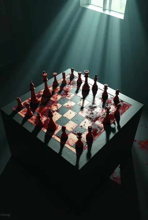 Chess board with blood top angle dark room and checkmate
