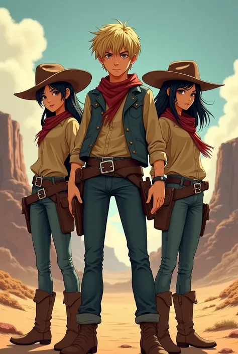 A cowboy group consisting of 1 blonde boy and 2 black haired girls 