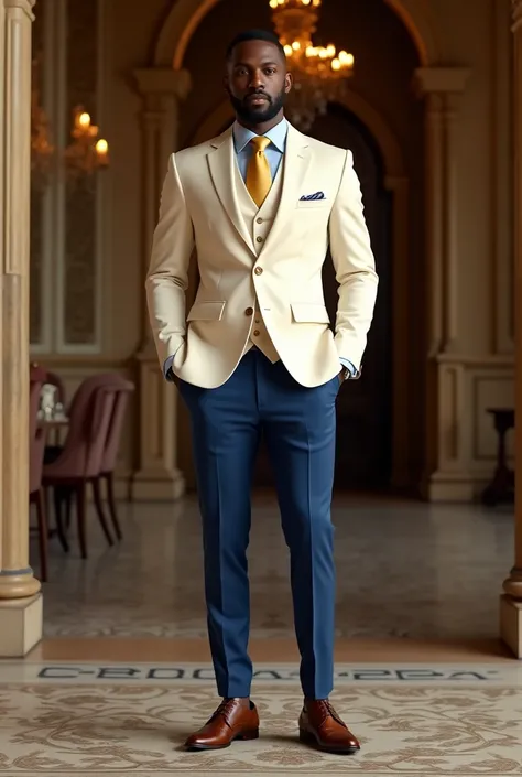 A stunning cream wedding suits with blue pants brown shoes and gold tie for an African 