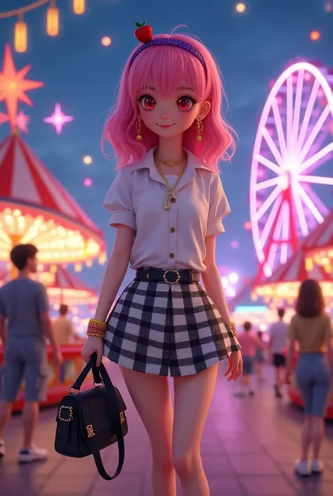 Cute girl white shoes red eyes pink hairs check white and black skirt white shirt red lips smiling black purse pink watch red apple earrings purple hair band golden necklace yellow bracelet in amusement park at night lights in Paris wheel and lights in oth...