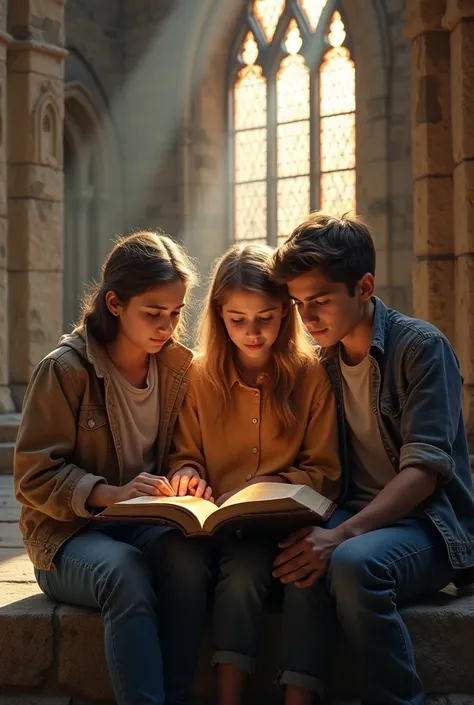 Young Christian teenagers reading the Bible in front of an old church
