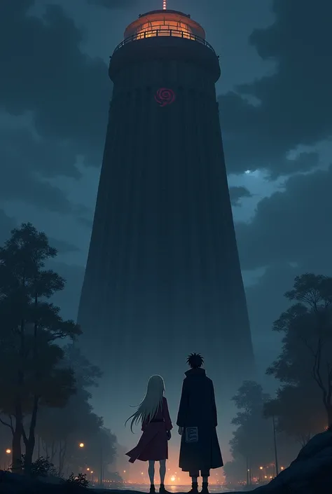 My oc in the hokage tower at night with Kakashi Hatake, I want my oc to be an Uchiha with beige hair and eyes as black as the night, I want her to be shorter than Kakashi Hatake 