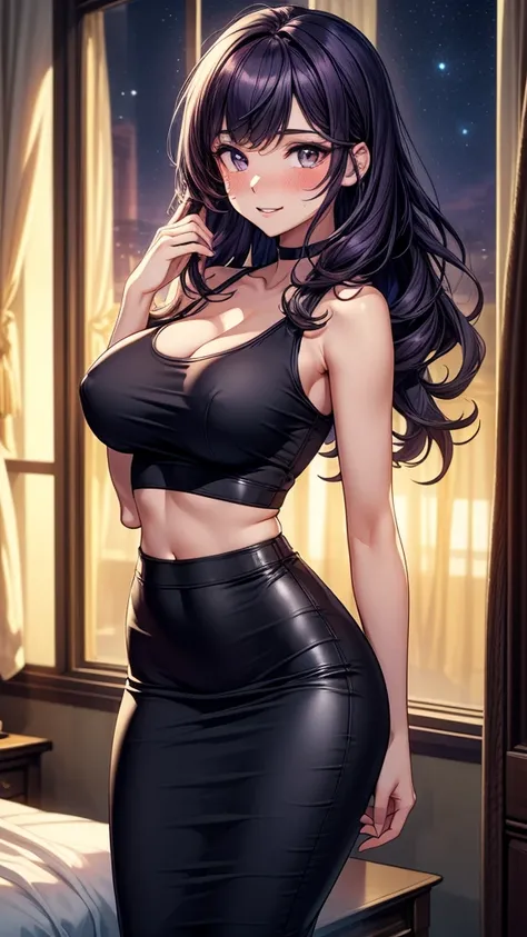 (((((masterpiece, best quality, high detail))))), ((((beautiful woman)))), (looking at viewer), bright purple eyes, (((full-face blush))), ((seductive smile)), teeth, ((large breasts)), (long wavy hair), (dark purple hair), hairpin, ((tank top)), black ((m...