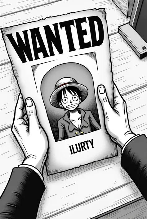 *manga one piece drawing, colorless, image of a male hand holding a wanted poster of Luffy on the desk*