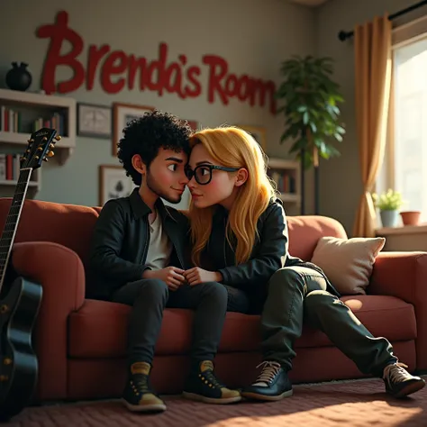 (a male, black hair, very little beard, wearing black jacket, watch, brown leather shoes), (female, long blonde hair, little fat, wearing black jacket, eyeglasses, watch, cargo pants, low cut white sneakers) sitting on a sofa, emotional connection, (books,...