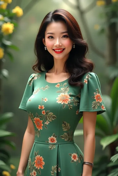 Draw lips correctly, red lipstick, from chest up, best quality, Super detailed, lifelike, Super fine skin, perfect anatomy, (1 Japanese Mature Woman), (alone)，Wear a floral green round neck dress，short sleeve，wavy long hair，40 year old female，Mature，charmi...