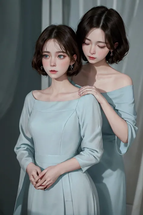 Short haired woman, beautiful elegant woman, both of his ears were covered by the hands of another figure, another figure is not visible, elegant bedroom background in soft blue, The woman&#39;s face was sad, it&#39;s dumb, sad atmosphere