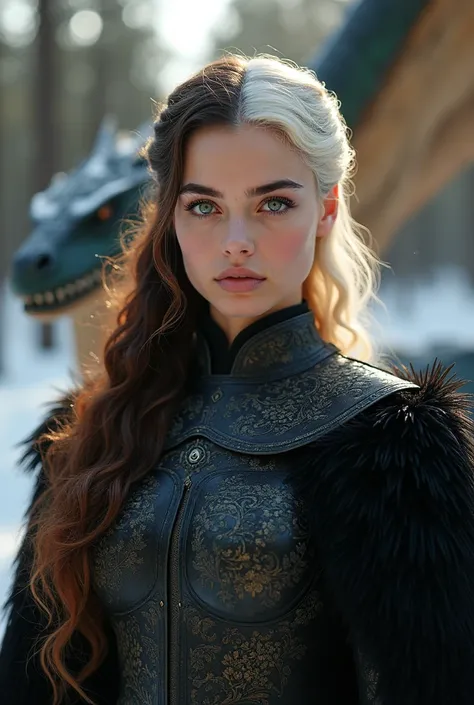 Actress Adelaide Kane with half brown and half white hair , with one purple eye and the other green , dressed in Targaryen armor,with a sword with a star drawn on the back ,  with a black and green dragon behind . Ambientato in Game of Thrones.
It must be ...