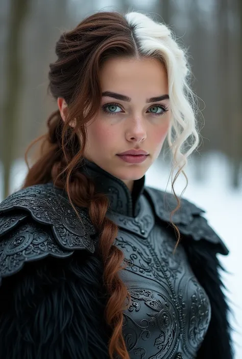 Actress Adelaide Kane with half brown and half white hair , with one purple eye and the other green , dressed in Targaryen armor,with a sword with a star drawn on the back ,  with a black and green dragon behind . Ambientato in Game of Thrones.
It must be ...