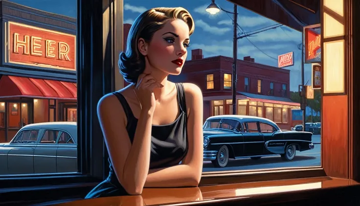 A girl, sitting alone, looking outside,  Then Martin artwork portrait, diner scene, film noir jazz bar, drawn in a neo - noir style, neo - noir style, Neo-Noir Setting, neo noir style, inspired by f.. scott hess, Thomas Dalziel, film noir realistic, inspir...