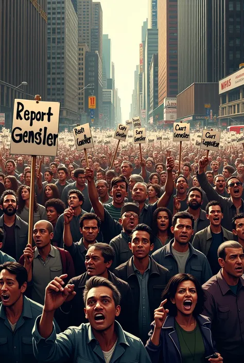 Create a riot with the people holding white tags with the words "report Gary Gensler" on them.