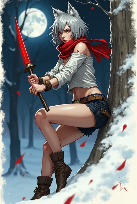 Sketch art cool Pose character, 1 female, grey hair,wolf ears red eyes, sharp face,Wear a worn-out red scarf. Wear a white long-sleeved off-the-shoulder shirt. black shorts brown boots.Crazy expression holding a pair of ancient red daggers There is a red t...