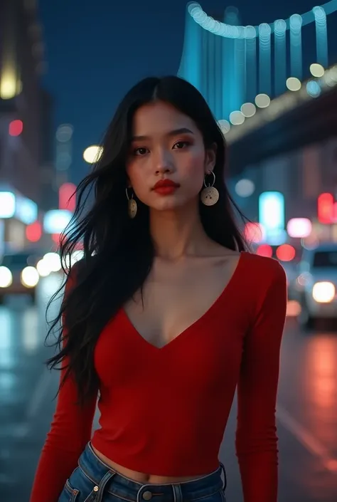 A girl with black long hair and black  broad eyebrows and white shinny skin tone and red lips and wearing circle shape earrings and wearing red top and bottom jeans and background of bridge at night and traffic  and cars