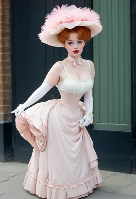 A sexy 12yo voluptuous ginger Gibson Girl sashaying along the streets of Victorian London. Year 1900. 1900_dr3ss. (((Frilly sleeveless top))), sash cinched around her waist, wide-brimmed picture hat with pink feathers, bare shoulders with (((long pink oper...